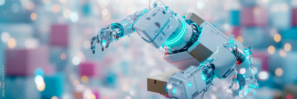 Poster robotic arm handling package in futuristic setting