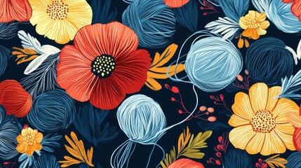 Vivid Floral Pattern with Yarn Balls and Dark Background