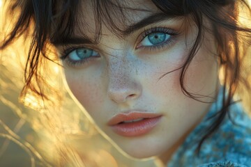 Fototapeta premium Close-up portrait of a woman with distinctive freckles on her face