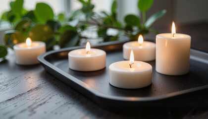 Minimalist white Diyas glowing on black tray, contemporary ambiance