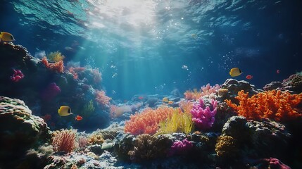 Naklejka premium Vivid coral reef painting vibrant underwater marine life colorful tropical sunlight
