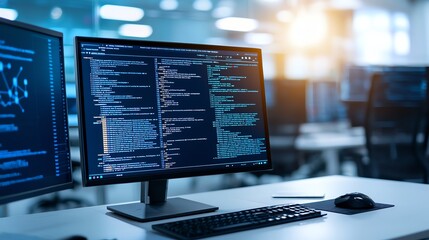A modern workspace featuring computer monitors displaying coding scripts. The environment emphasizes innovation and technology, ideal for showcasing programming and development.