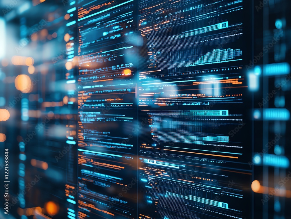 Aufkleber a close-up of digital data streams, showcasing vibrant blue and orange visuals representing modern t
