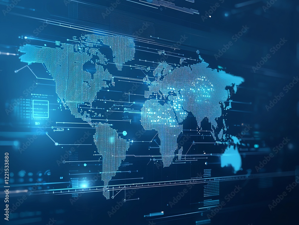 Aufkleber futuristic digital world map highlighting global connections with glowing data points. ideal for tec