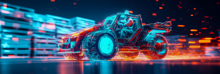 Fototapeta premium Cyberpunk Vehicle in Cityscape at Night: Futuristic Transport in Neon Lights