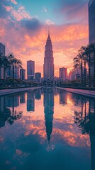 Obraz premium Stunning heritage architecture at sunset with reflective water in urban landscape