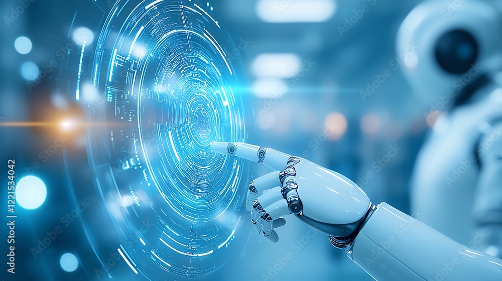 Aufkleber a futuristic robotic hand interacts with a glowing digital interface, symbolizing advanced technolog