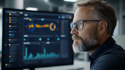 Focused businessman analyzes data on a computer screen in a modern office. The image captures the essence of productivity, technology, and innovation in today's work environment.