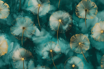 Elegant dandelion flowers on a teal watercolor background