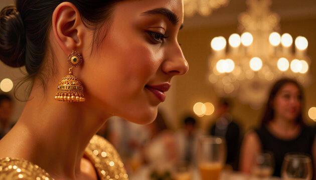 Elegant woman showcasing vintage gold jhumki at indoor gala, heritage charm