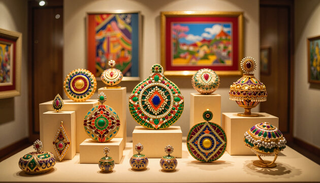 Vibrant meenakari jewelry display in art gallery, cultural craftsmanship