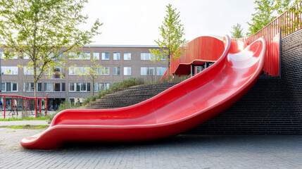 "Colorful playground slide isolated on a white background, featuring a vibrant design with smooth curves and a sturdy base. Ideal for themes related to children's play, outdoor activities, and recreat
