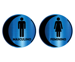 Placas Banheiro Redondas Com Meia Lua. Masculino e Feminino. Textura Azul Metal.