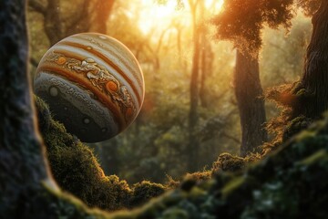 Jupiter, a gas giant with swirling clouds, hovers over a sun-drenched, mossy forest in a surreal dreamscape.