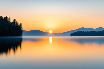 Fototapeta premium As the sun sets behind distant mountains, vibrant colors reflect on the calm waters of the lake, creating a serene atmosphere surrounded by trees and nature