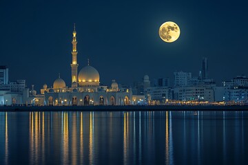 Cityscape photo with crescent moon of Ramadan