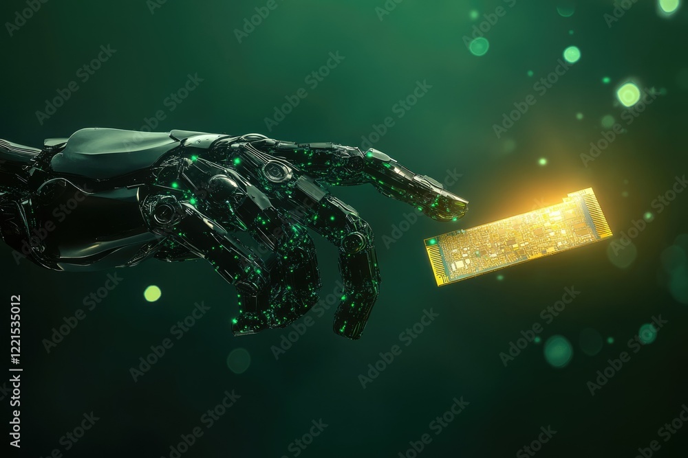 Poster a robotic hand delicately holds a circuit board, showcasing advanced technology and ai integration.