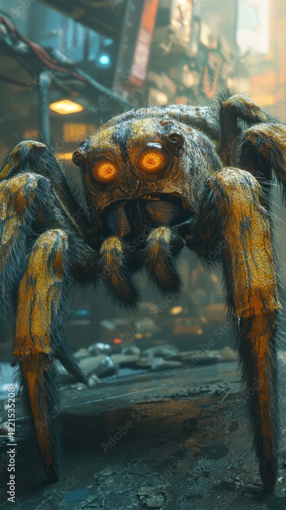 Wall mural a large and intimidating spider with glowing eyes and menacing fangs lurking amidst the dark and mys