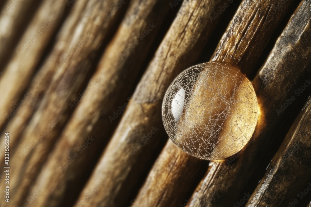 Poster a translucent sphere with a delicate crackled texture rests on a background of parallel brown wooden
