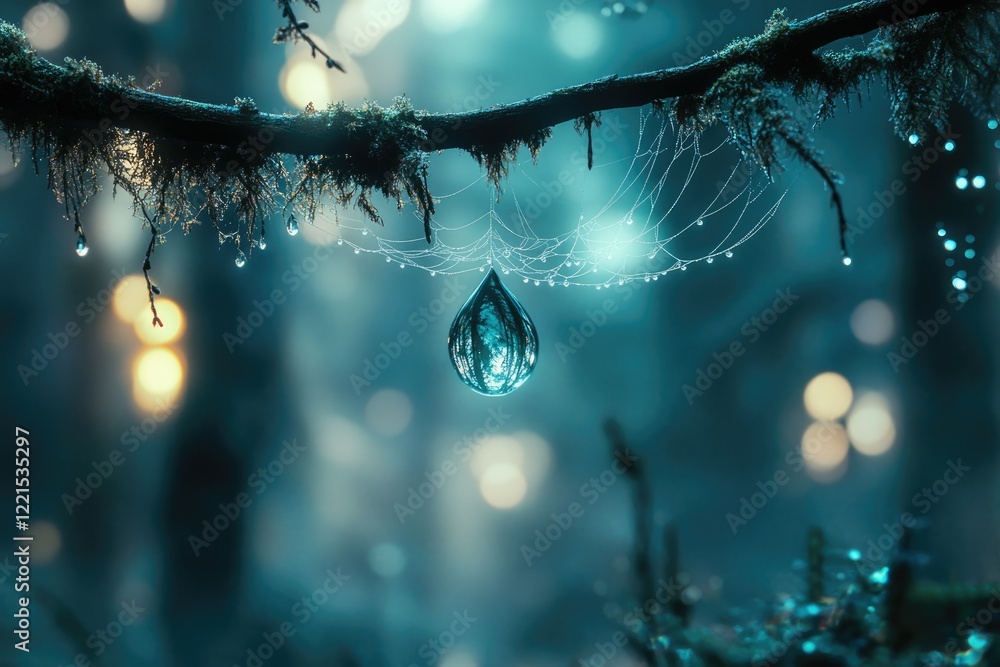 Poster a single dewdrop hangs from a spiderweb on a moss-covered branch in a mystical forest.