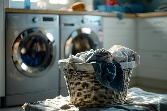 Dirty Clothes Overflowing in Front of the Washing Machine in the Laundry Room