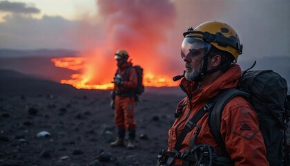 Naklejka premium Volcano Eruption Rescue Team Dramatic Scene