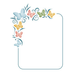 Beautiful frame with colorful butterflies and curls. Vector template for invitations, weddings, birthday and congratulations. Spring pattern with ornate lines and butterflies.