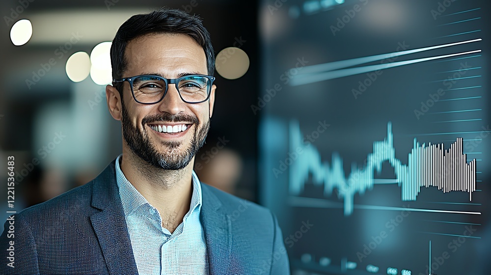 Aufkleber a confident businessman smiles while analyzing financial data on a digital screen. the modern office