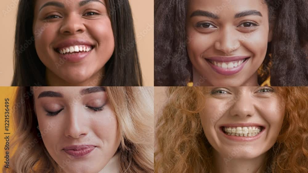 Poster Four women showcase their unique smiles, exuding happiness and confidence. Their diverse styles and expressions emphasize joy in a vibrant setting filled with warmth and positivity.