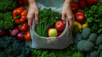 Fototapeta premium Sustainable grocery shopping with reusable white mesh bag surrounded by fresh vegetables and fruits