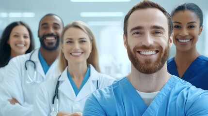 Fototapeta premium A diverse group of healthcare professionals smiling at the camera, highlighting teamwork and collaboration in a modern medical environment. Ideal for health-related content.