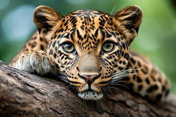 Obraz premium A leopard resting in the branches of a tree, its sleek body blending with the jungle foliage