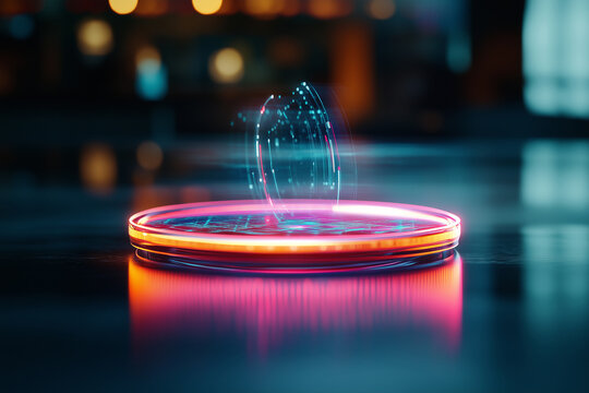 Bright neon hover disc with virtual particles illuminated in a modern tech space during evening hours - Powered by Adobe