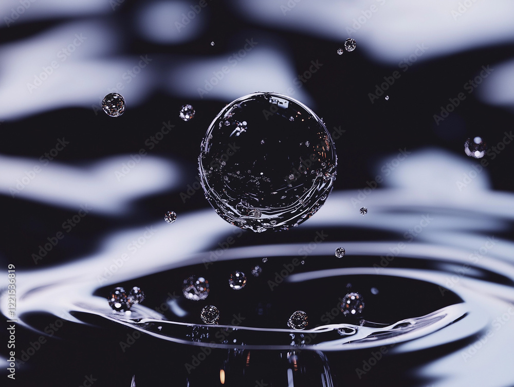 Poster floating geometric liquid blob: abstract microgravity design element for sci-fi, tech, and modern