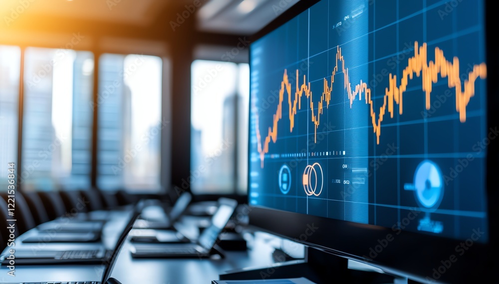 Poster a close-up shot of a computer monitor displaying financial charts and graphs, symbolizing data analy