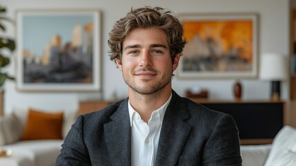Naklejka premium Portrait of a Handsome Young Man in a Modern Living Room