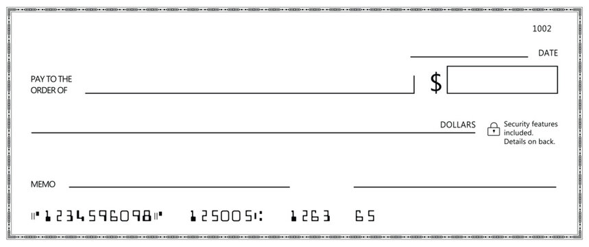 Blank bank cheque. Personal desk check template with empty field to fill.	