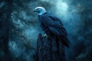 Fototapeta premium Majestic bald eagle perched on a dark, ancient tree stump in a mystical, foggy forest.