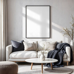 Frame mockup, ISO A paper size. Living room wall poster mockup. Interior mockup with house background. Modern interior design. 3D render.