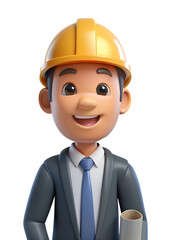  Man smiling, wearing hard hat, holding plans, gazing, concept of construction, engineering, building.