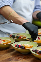 Asian pear dessert in the bowl, plating gourmet food desserts