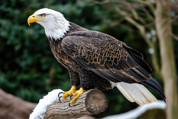 Fototapeta premium Majestic bald eagle perched on a snow-dusted log, showcasing its powerful build and striking plumage.