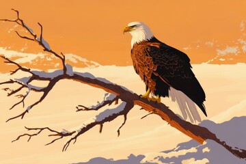 Fototapeta premium A majestic bald eagle perched on a snow-covered branch against a warm sunset.