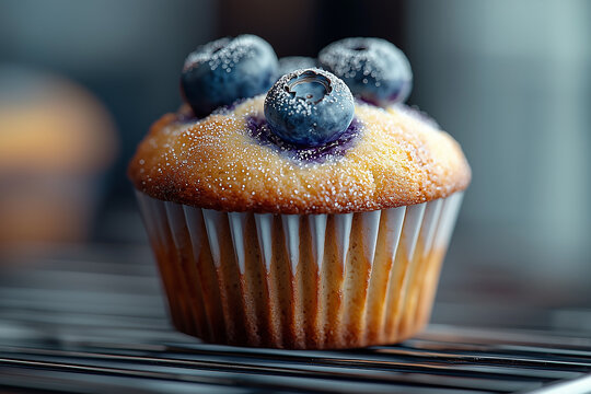 Freshly baked blueberry muffin on a cooling rack with a subtle sparkle from sugar crystals