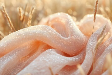Fototapeta premium Peach-colored fabric with dew drops, resting gently on sunlit grass.