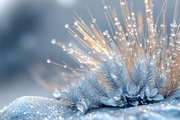 Silver frosted winter flora with glistening dewdrops, creating a magical scene.