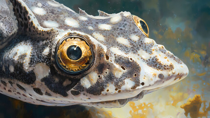 A close-up of a spotted wobbegong shark, a type of carpet shark, swimming in the ocean. the shark's distinctive markings and large, golden eyes are clearly visible. Golden Reef. Illustration