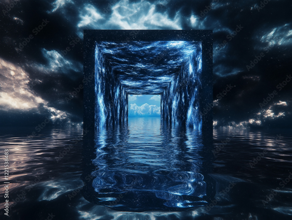 Poster multidimensional portals: a journey through reflecting universes. stunning visual of