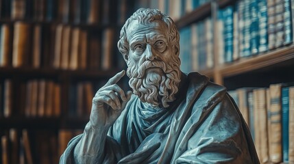 Naklejka premium Timeless marble philosopher statue in library setting for artistic inspiration and academic themes