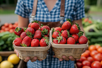 Freshly harvested strawberries displayed at a farmer's market, showcasing vibrant colors and textures of local produce